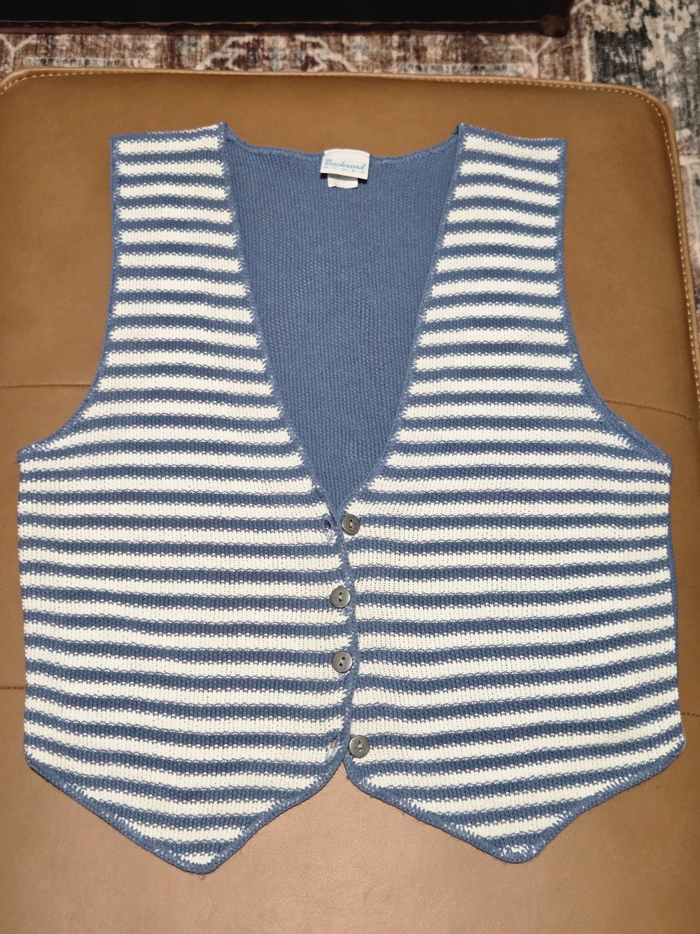 Backroad Blues Blue White Striped Knit Button Front Vest Small